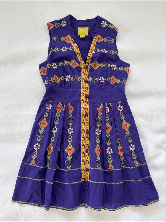 Maeve Dresses & Skirts - Maeve Violet Embroidered and beaded Sleeveless Dress with Yellow Trim -401sku